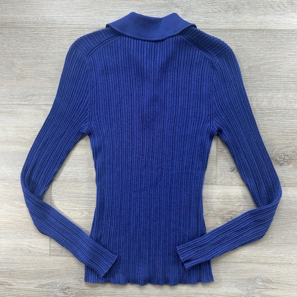 Theory Ribbed Polo Sweater Womens Small Blue Long Sleeve Knit Top Raglan - Picture 4 of 11